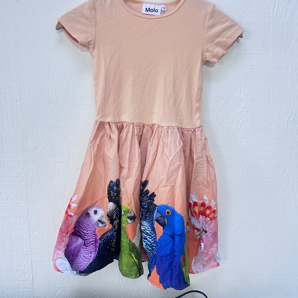 Molo Cissa Girl Printed A-Line Dress Size 8/10 Short Sleeve Peach Bird Print EUC